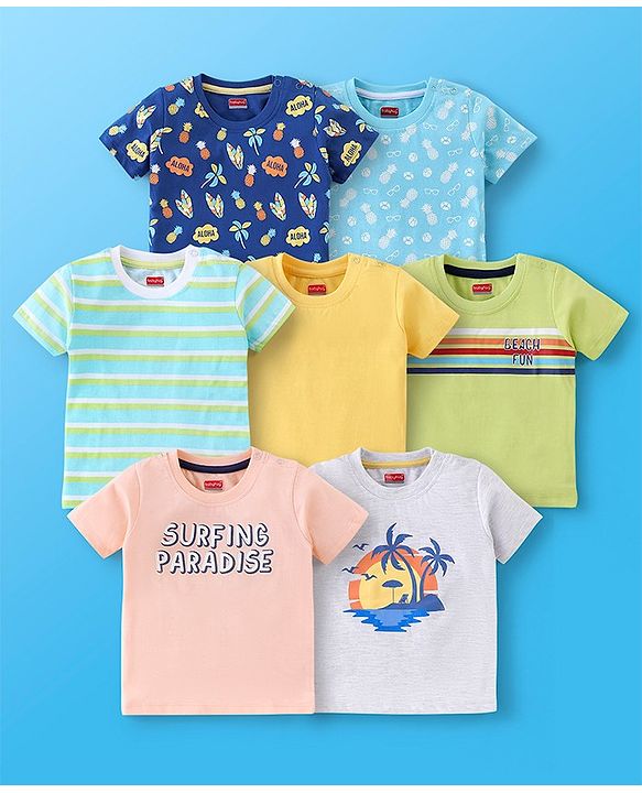 Babyhug 100% Cotton Half Sleeves T-Shirt Striped & Print Pack Of 7 - Blue Yellow & Green