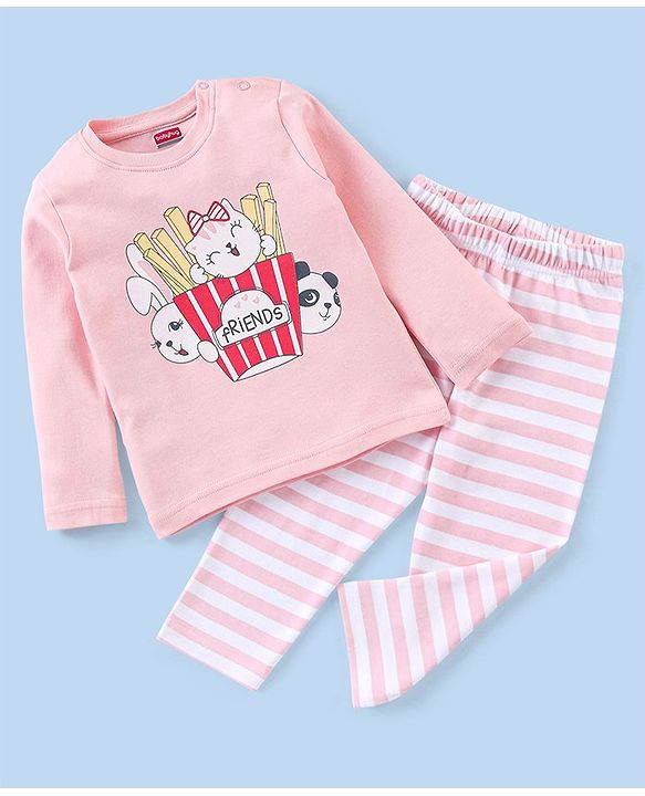 Babyhug Cotton Interlock Full Sleeves Night Suit with Kitty Print - Pink