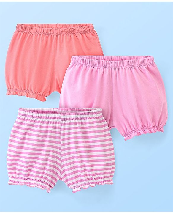 Pine Kids Cotton Anti Bacterial  Bloomers Solid & Stripes Pack Of 3 - Pink