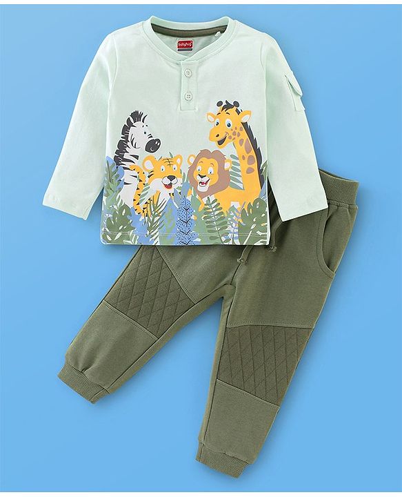 Babyhug 100% Cotton Jersey Full Sleeves T-Shirt & Lounge Pants Set Jungle Print - Olive Green