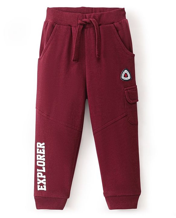 Babyhug Cotton Looper Knit Full Length Lounge Pants Text Print - Maroon