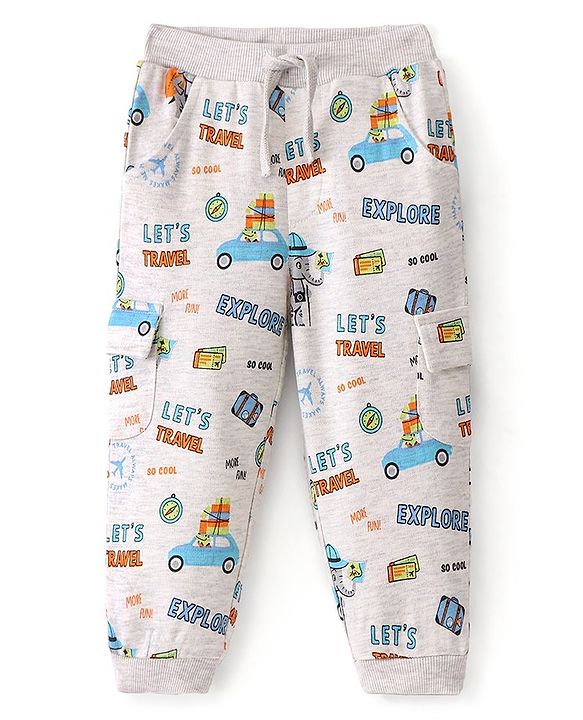 Babyhug Cotton Looper Knit Full Length Lounge Pant Travel Print - Grey