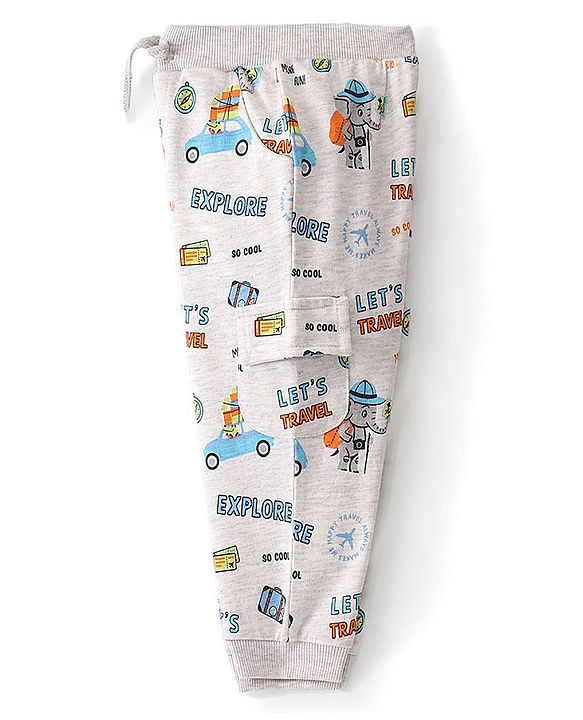 Babyhug Cotton Looper Knit Full Length Lounge Pant Travel Print - Grey