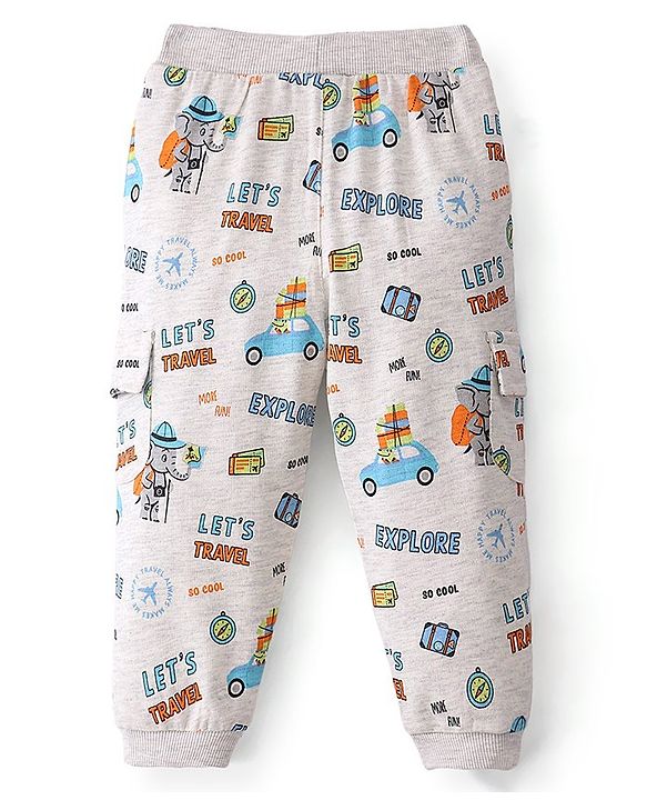 Babyhug Cotton Looper Knit Full Length Lounge Pant Travel Print - Grey