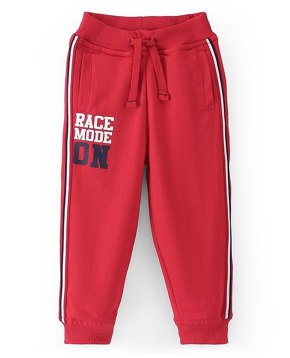 Babyhug Cotton Looper Knit Full Length Lounge Pants Text Print - Red