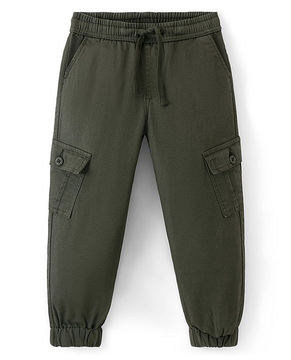 Pine Kids Cotton Elastane Full Length Multi Pocket Solid Jogger- Green