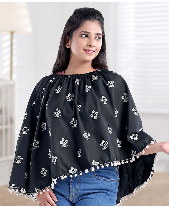 Babyhug Cotton Poncho Style Breast Feeding Nursing Cover Floral Print - Black