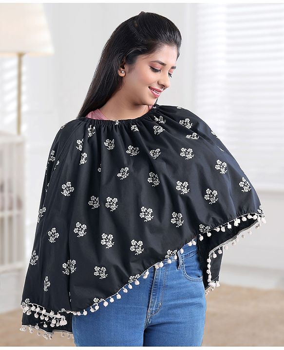 Babyhug Cotton Poncho Style Breast Feeding Nursing Cover Floral Print - Black