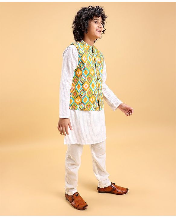 Pine Kids 100% Cotton Full Sleeves Kurta Pajama Set With Jacket & Bandi Diamond Print - Yellow & White