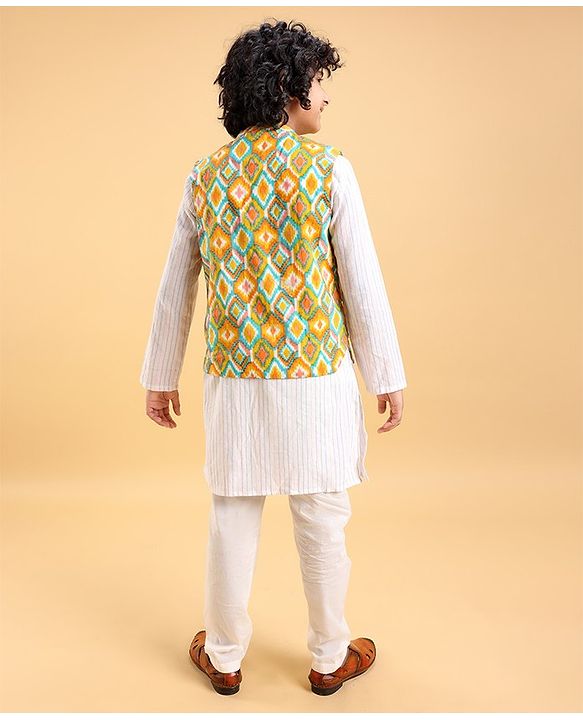 Pine Kids 100% Cotton Full Sleeves Kurta Pajama Set With Jacket & Bandi Diamond Print - Yellow & White