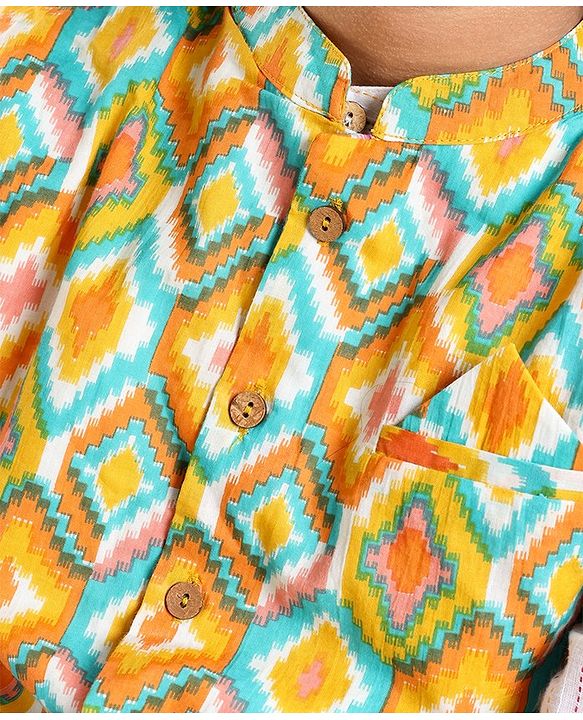 Pine Kids 100% Cotton Full Sleeves Kurta Pajama Set With Jacket & Bandi Diamond Print - Yellow & White