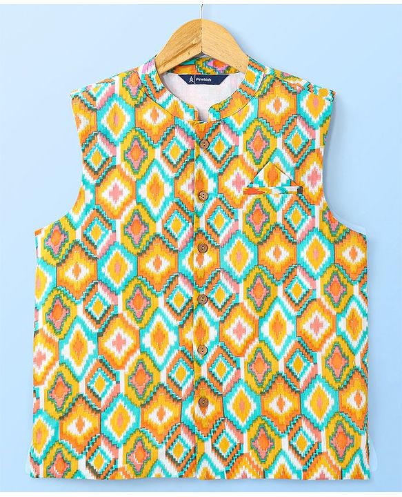 Pine Kids 100% Cotton Full Sleeves Kurta Pajama Set With Jacket & Bandi Diamond Print - Yellow & White