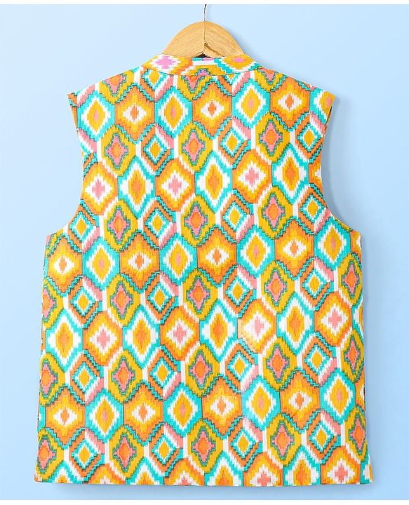 Pine Kids 100% Cotton Full Sleeves Kurta Pajama Set With Jacket & Bandi Diamond Print - Yellow & White