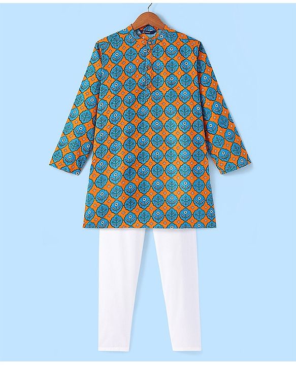 Pine Kids 100% Cotton Full Sleeves Printed Kurta & Pyjama Set- Orange Blue & White
