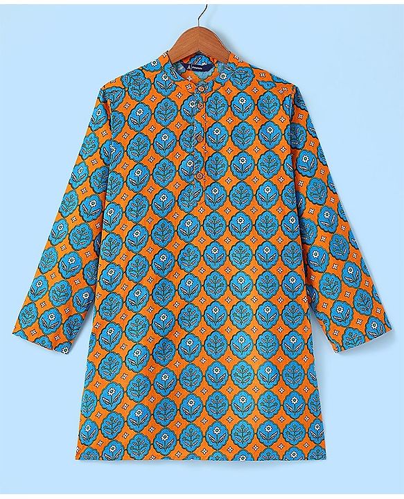 Pine Kids 100% Cotton Full Sleeves Printed Kurta & Pyjama Set- Orange Blue & White
