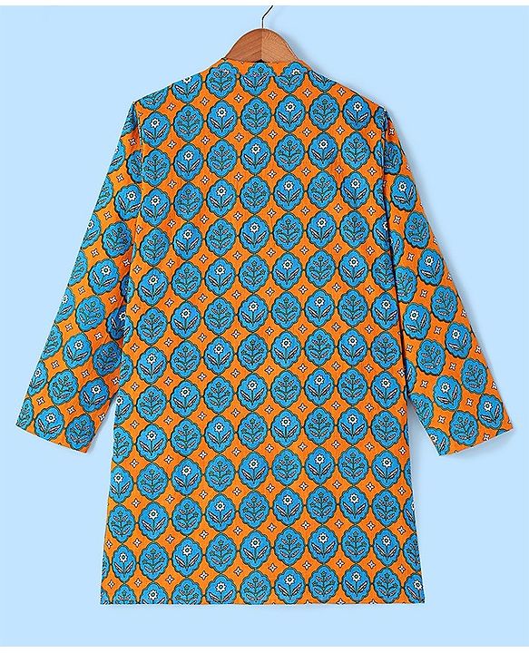 Pine Kids 100% Cotton Full Sleeves Printed Kurta & Pyjama Set- Orange Blue & White