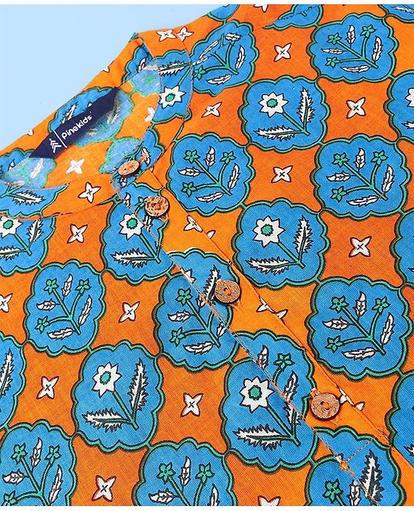 Pine Kids 100% Cotton Full Sleeves Printed Kurta & Pyjama Set- Orange Blue & White