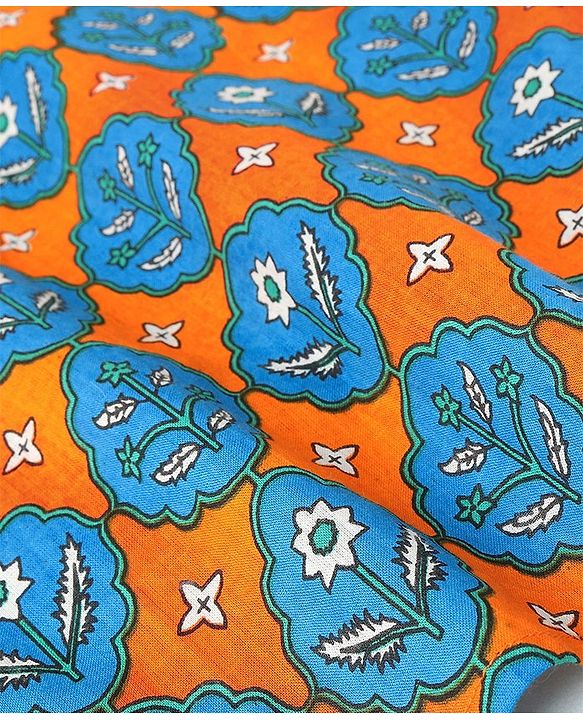 Pine Kids 100% Cotton Full Sleeves Printed Kurta & Pyjama Set- Orange Blue & White