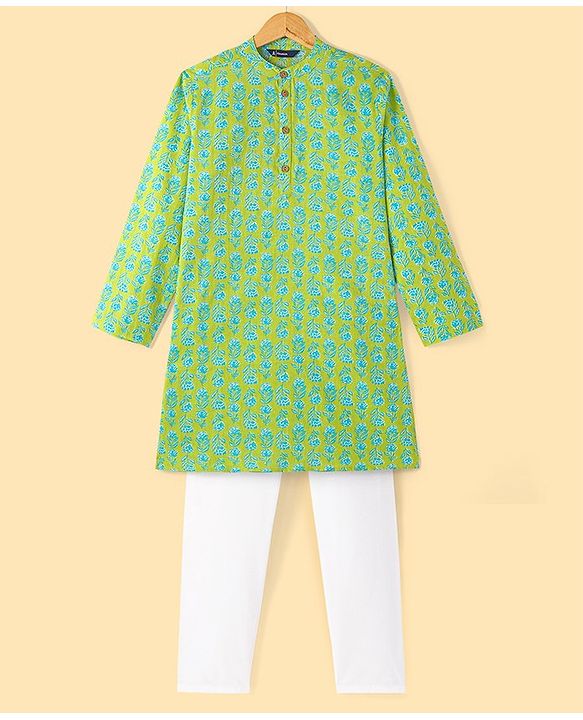 Pine Kids Cotton Full Sleeves Kurta & Pyjama Set With Floral Print - Lime Green