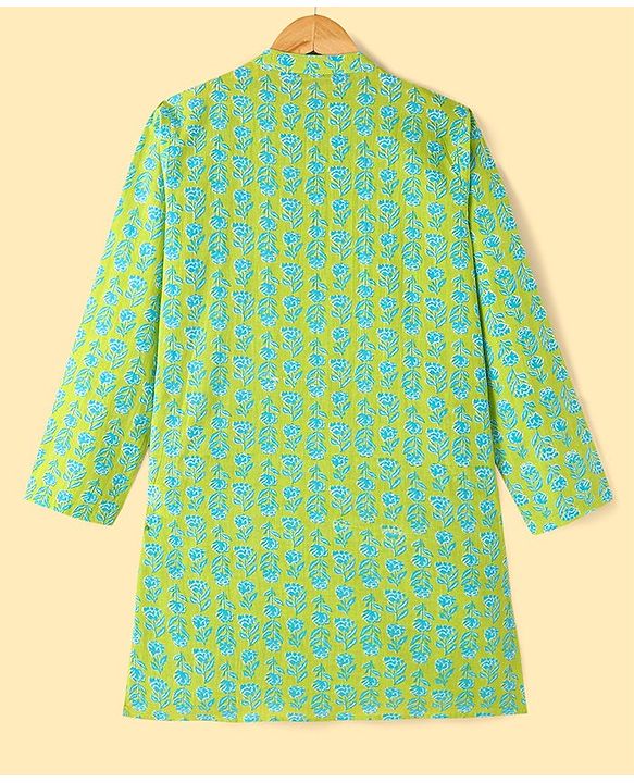 Pine Kids Cotton Full Sleeves Kurta & Pyjama Set With Floral Print - Lime Green