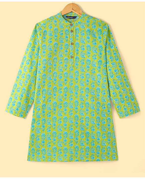 Pine Kids Cotton Full Sleeves Kurta & Pyjama Set With Floral Print - Lime Green