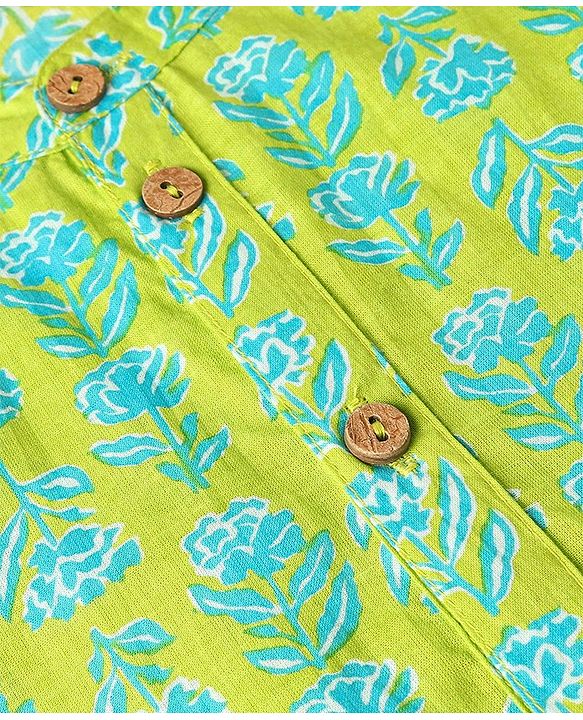 Pine Kids Cotton Full Sleeves Kurta & Pyjama Set With Floral Print - Lime Green
