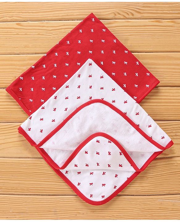 Babyhug Terry Knit Bow Print Towel Pack of 2 L 76.2 x B 76.2 cm- Red & White