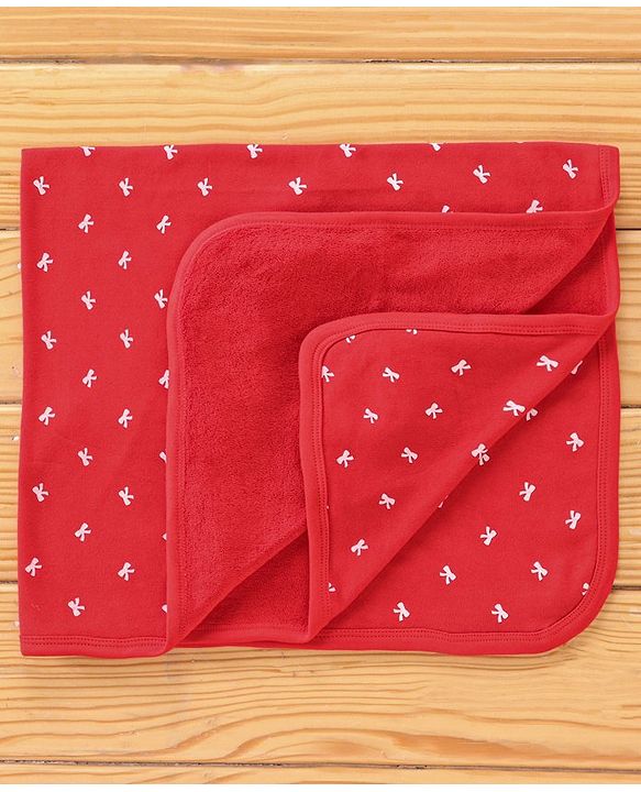 Babyhug Terry Knit Bow Print Towel Pack of 2 L 76.2 x B 76.2 cm- Red & White