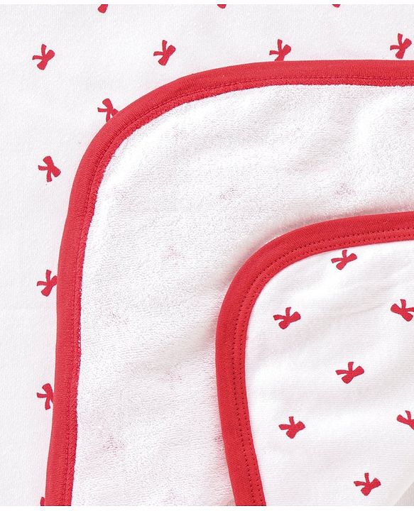 Babyhug Terry Knit Bow Print Towel Pack of 2 L 76.2 x B 76.2 cm- Red & White
