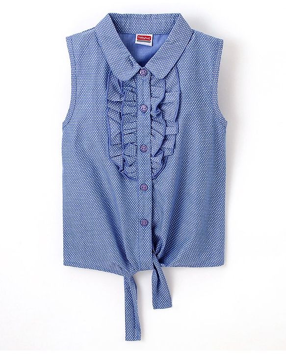 Babyhug 100% Cotton Woven Chambray Sleeveless Front Open Top With Frill Detailing Dot Print- Blue