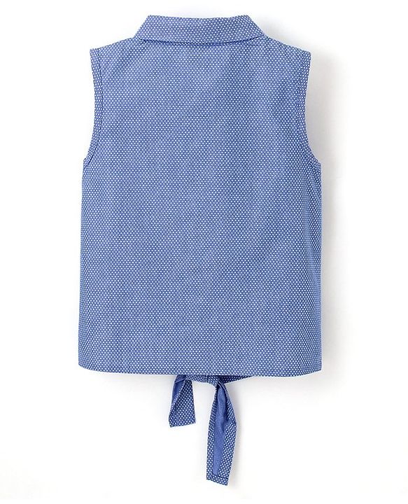 Babyhug 100% Cotton Woven Chambray Sleeveless Front Open Top With Frill Detailing Dot Print- Blue