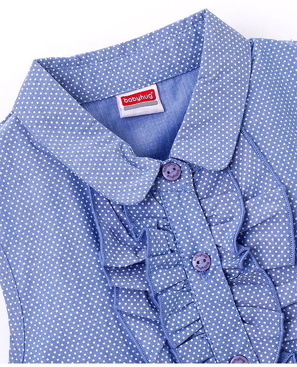 Babyhug 100% Cotton Woven Chambray Sleeveless Front Open Top With Frill Detailing Dot Print- Blue