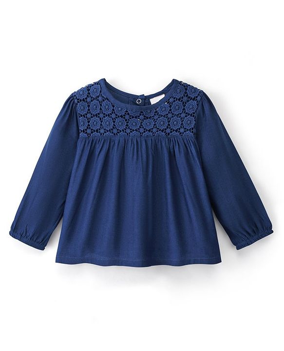 Babyhug 100% Cotton Rayon Full Sleeves Top With Lace Detailing At Yoke - Navy Blue