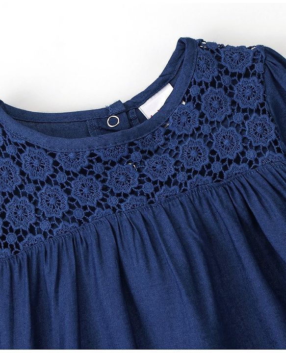 Babyhug 100% Cotton Rayon Full Sleeves Top With Lace Detailing At Yoke - Navy Blue