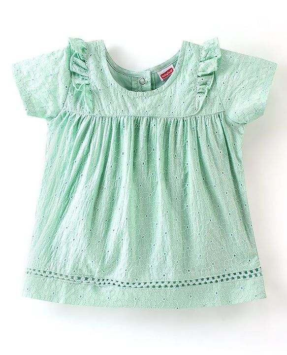 Babyhug 100% Cotton Woven Sleeveless Top with Embroidery & Schiffli Frill Detailing - Mint Green