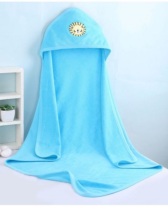 Babyhug Knit Terry Sheep Embroidered Hooded Towel  L 76 x B 76 cm- Blue