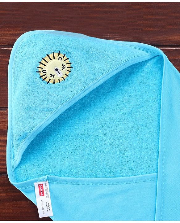 Babyhug Knit Terry Sheep Embroidered Hooded Towel  L 76 x B 76 cm- Blue