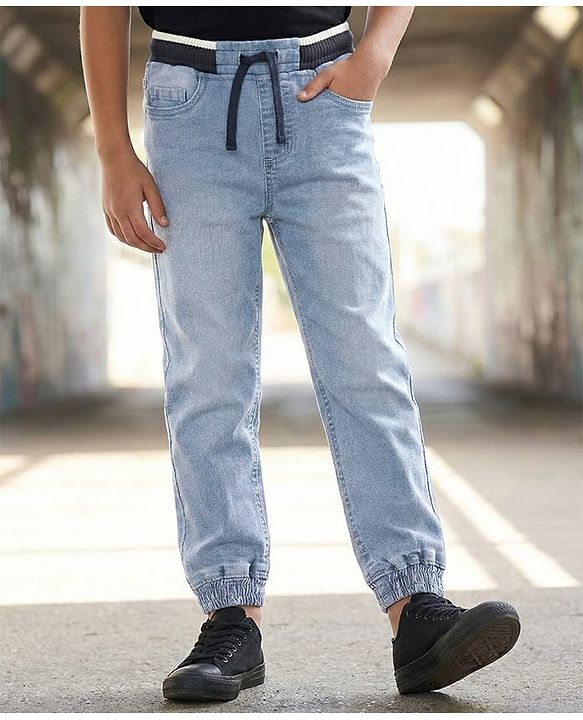 Pine Kids Cotton Elastane Full Length  Washed Denim Jeans with Ribbed Waist - Ice Blue