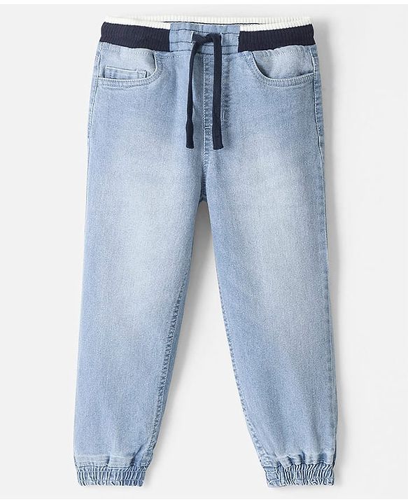 Pine Kids Cotton Elastane Full Length  Washed Denim Jeans with Ribbed Waist - Ice Blue