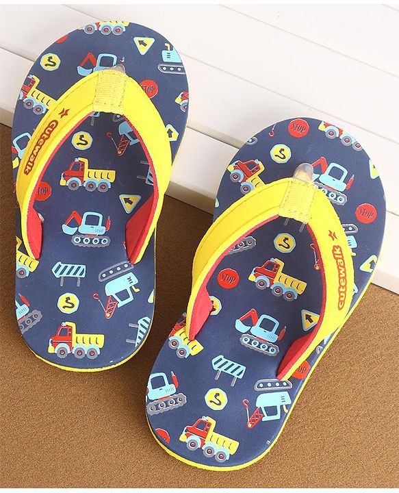 Cute Walk by Babyhug Slip On Flip Flops Construction Vehicle Print - Yellow & Blue