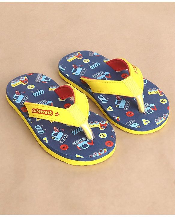 Cute Walk by Babyhug Slip On Flip Flops Construction Vehicle Print - Yellow & Blue