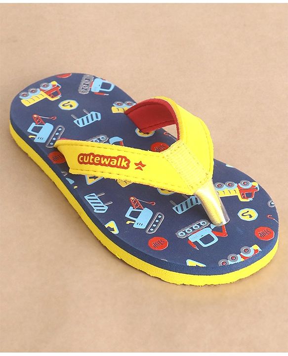 Cute Walk by Babyhug Slip On Flip Flops Construction Vehicle Print - Yellow & Blue