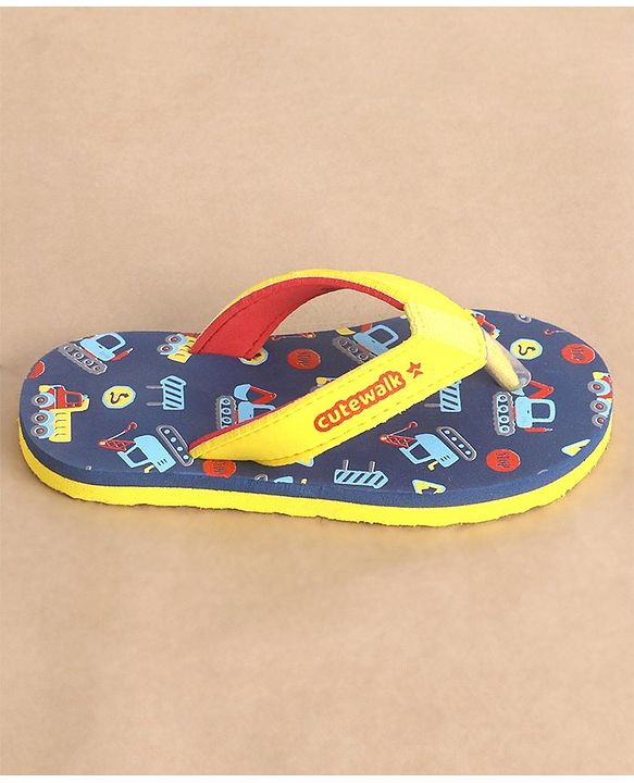 Cute Walk by Babyhug Slip On Flip Flops Construction Vehicle Print - Yellow & Blue
