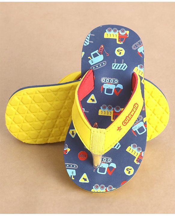 Cute Walk by Babyhug Slip On Flip Flops Construction Vehicle Print - Yellow & Blue