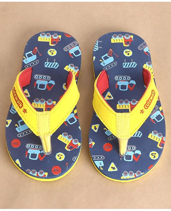 Cute Walk by Babyhug Slip On Flip Flops Construction Vehicle Print - Yellow & Blue