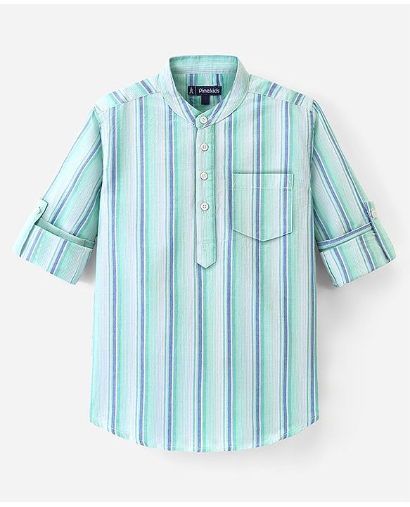 Pine Kids 100% Cotton Full Sleeves Stripe Shirt - Green