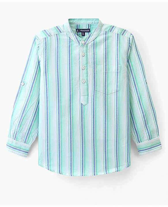 Pine Kids 100% Cotton Full Sleeves Stripe Shirt - Green