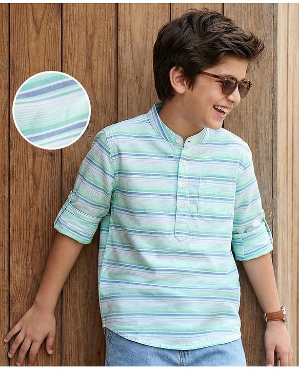 Pine Kids 100% Cotton Full Sleeves Front Half Placket Buttons Striped Shirt - Green