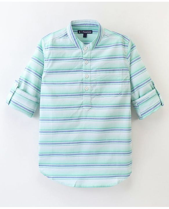 Pine Kids 100% Cotton Full Sleeves Front Half Placket Buttons Striped Shirt - Green