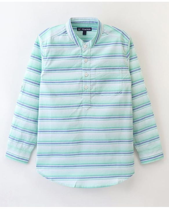 Pine Kids 100% Cotton Full Sleeves Front Half Placket Buttons Striped Shirt - Green